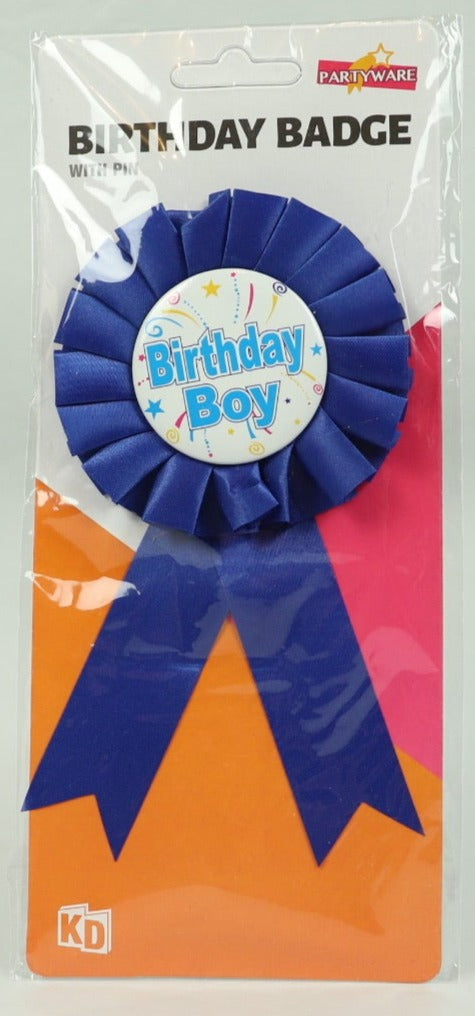 Birthday Badge with Pin - Birthday Boy with Blue Sash - 80mm Diameter