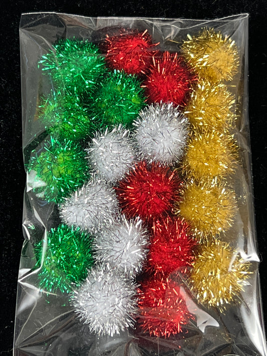 Tinsel Glitter Pom Poms - Red/Silver/Gold/Green  - Pack of 20 - Size 20mm
