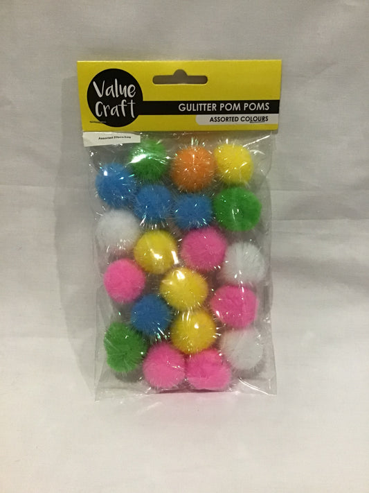 Glitter Pom Pom Balls - Assorted Colours - 20pk - #2 - 25mm