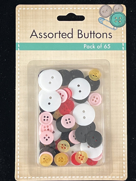 Buttons - Assorted Sizes and Colours - Pack of 65