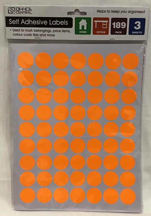 Self Adhesive Labels - Fluro Orange Dots - pack 189 - 26mm diameter