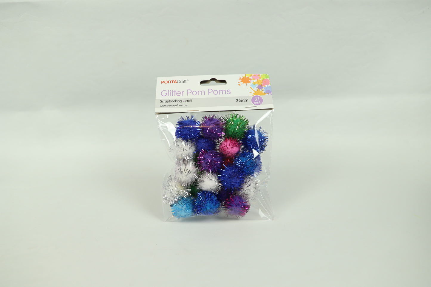 Glitter Pom Poms - Assorted Colours - Pack of 21 - 25mm
