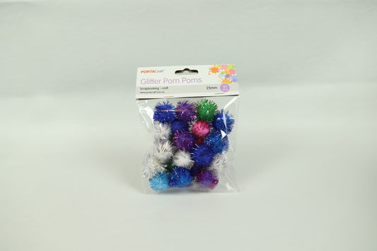 Glitter Pom Poms - Assorted Colours - Pack of 21 - 25mm