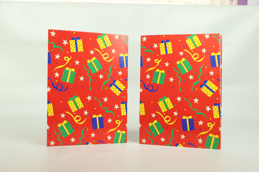 Wrapping Paper Sheets 2x Green/Yellow/Blue Presents on Red Background Theme 70cm x 50cm