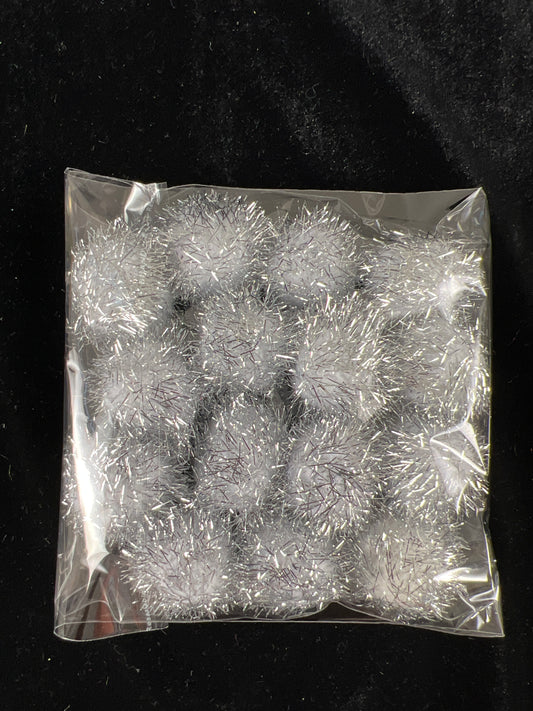 Tinsel Glitter Pom Poms - Silver - Pack of 15 - Size 25mm