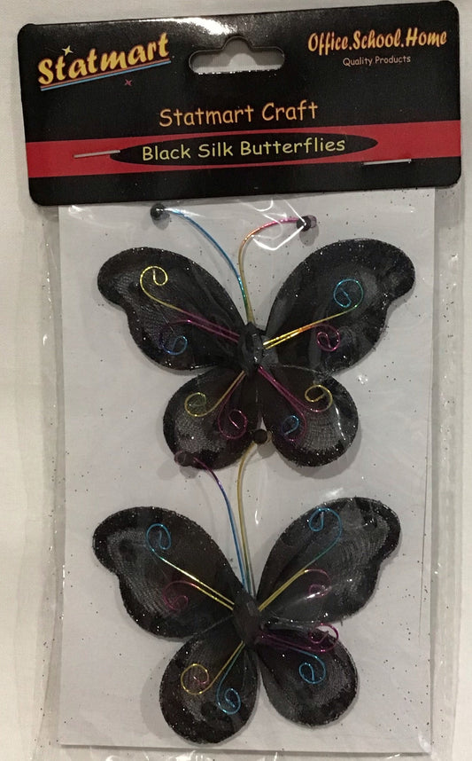 Black Silk Butterfly Embellishments - Self Adhesive - Black/Multi - 2 pack