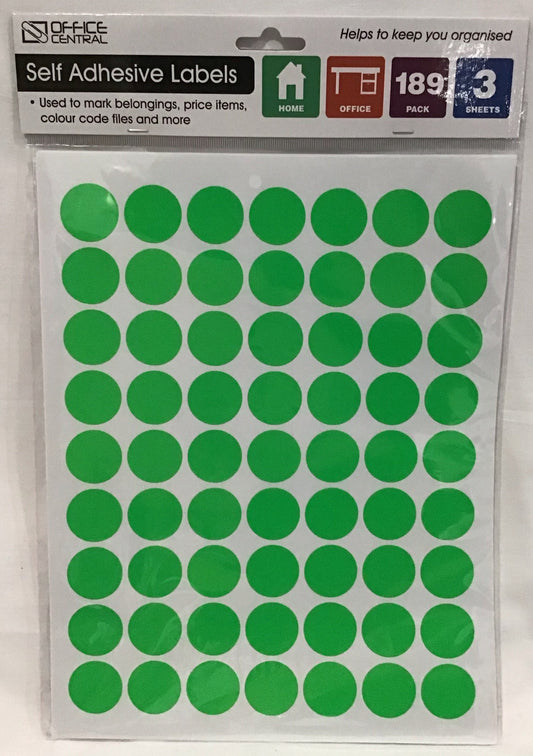 Self Adhesive Labels - Fluro Green Dots - pack 189 - 26mm diameter