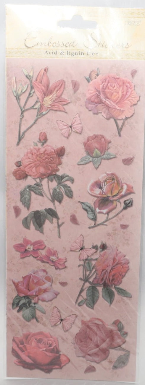 Embossed Stickers - Flower/Butterflies Pink Theme - 12 pce