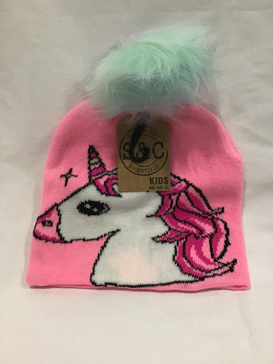 Soft and Cosy - Kids Unicorn Beanie with Pom Pom - Pink