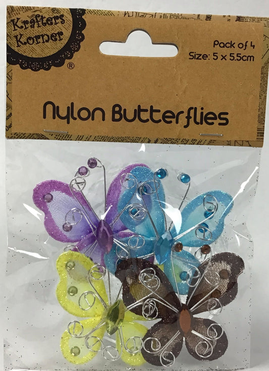 Nylon Stocking 3D-Butterflies - Mauve/Blue/Yellow/Brown - Pack 4
