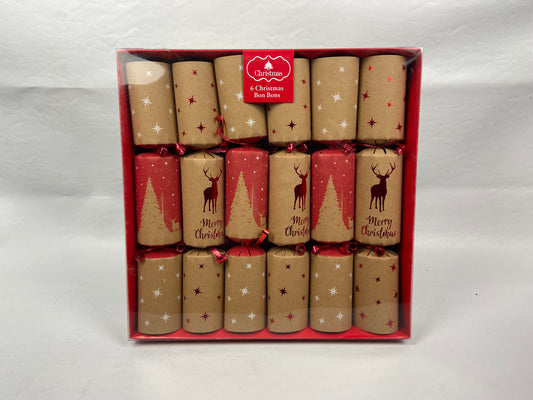 Christmas Bon Bons - Pack of 6 - Size 30cm x 5cm - Kraft Wrap Reindeer/Tree Design