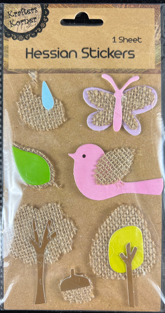 Craft Hessian Stickers Assorted 7pk- Pink bird with Mauve Hessian Butterfly