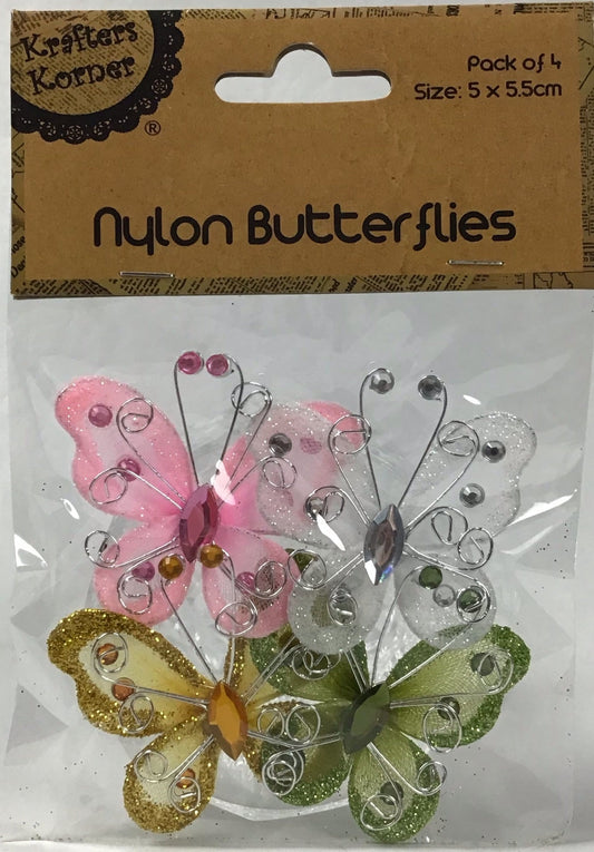 Nylon Stocking 3D Butterflies - Pastel - Pink/Yellow/Green/White - Pack 4