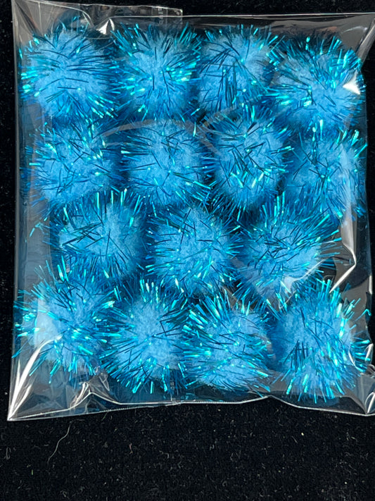 Tinsel Glitter Pom Poms - Light Blue - Pack of 15 - Size 25mm