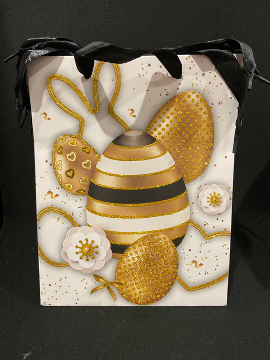 Easter Gift Bag - 4x Gold Glitter Eggs with Black/white & Flowers - 23x18x8cm