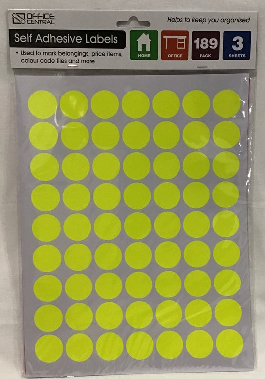 Self Adhesive Labels - Fluro Yellow Dots - Pack 189 - 25mm diameter