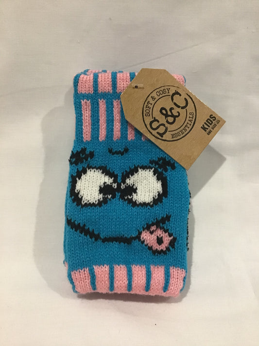 Soft and Cosy - Kids Smiley Face Fingerless Gloves - Blue