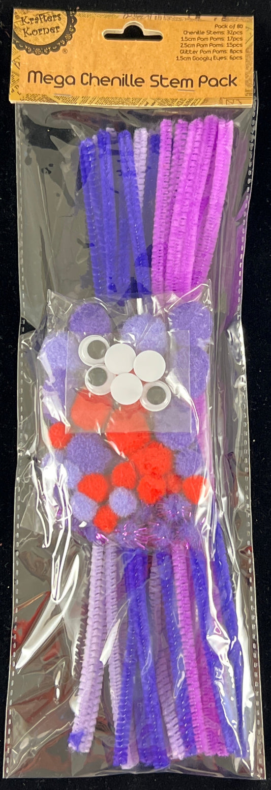 Mega Pipe Cleaners Pack Chenille Stem- Purple/Lilac/Mauve - Pack of 80