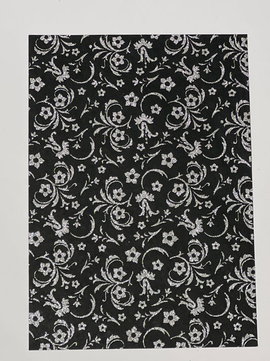 Specialty Paper 3 x  A4 Handmade Black/Silver Glitter Flowers/Leaves