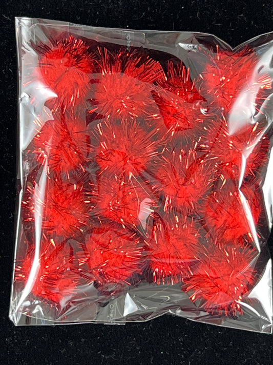 Tinsel Glitter Pom Poms - Red - Pack of 15 - Size 25mm