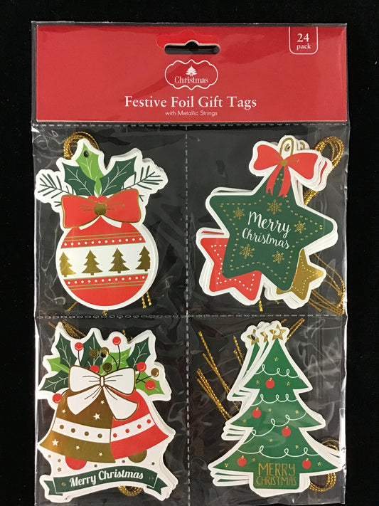 Christmas Festive Foil Gift Tags with metallic strings - 24 pk