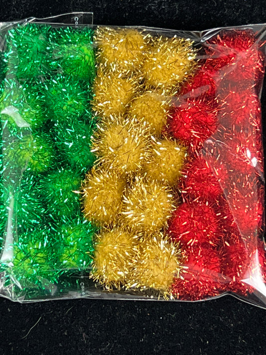 Tinsel Glitter Pom Poms - Green/Red/Gold - Pack of 30 - Size 20mm