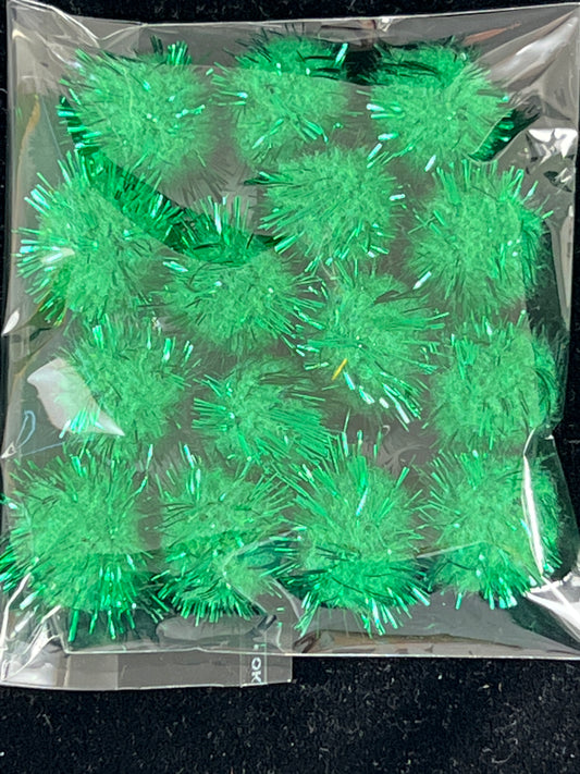 Tinsel Glitter Pom Poms - Green - Pack of 15 - Size 25mm