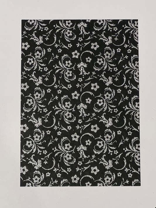 Specialty Paper 1 x  A4 Handmade Black/Silver Glitter Flowers/Leaves