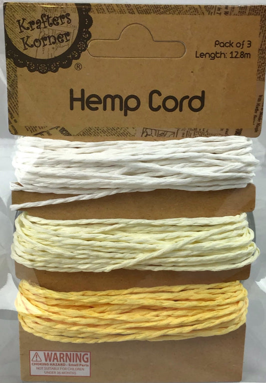Hemp Cord Pack of 3 - Cream/Lemon/Yellow - 12.8m