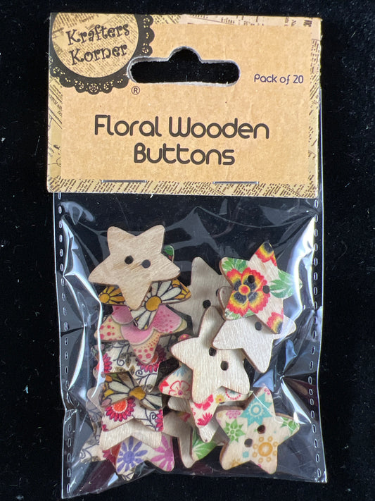 Floral Wooden Buttons - Stars - Pack of 20