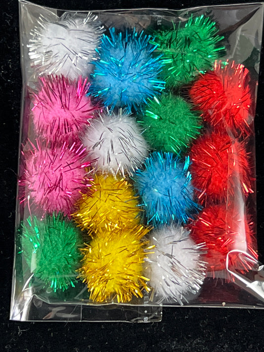 Tinsel Glitter Pom Poms - Assorted Colours - Pack of 15 - Size 25mm