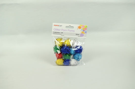 Glitter Pom Poms - Assorted Colours - Pack of 14 - 35mm