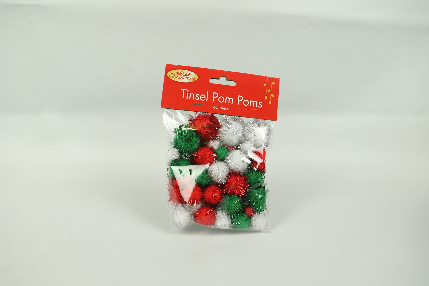 Tinsel Glitter Pom Poms - Red/White/Green  - Pack of 60 - Assorted sizes