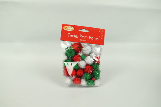 Tinsel Glitter Pom Poms - Red/White/Green  - Pack of 60 - Assorted sizes