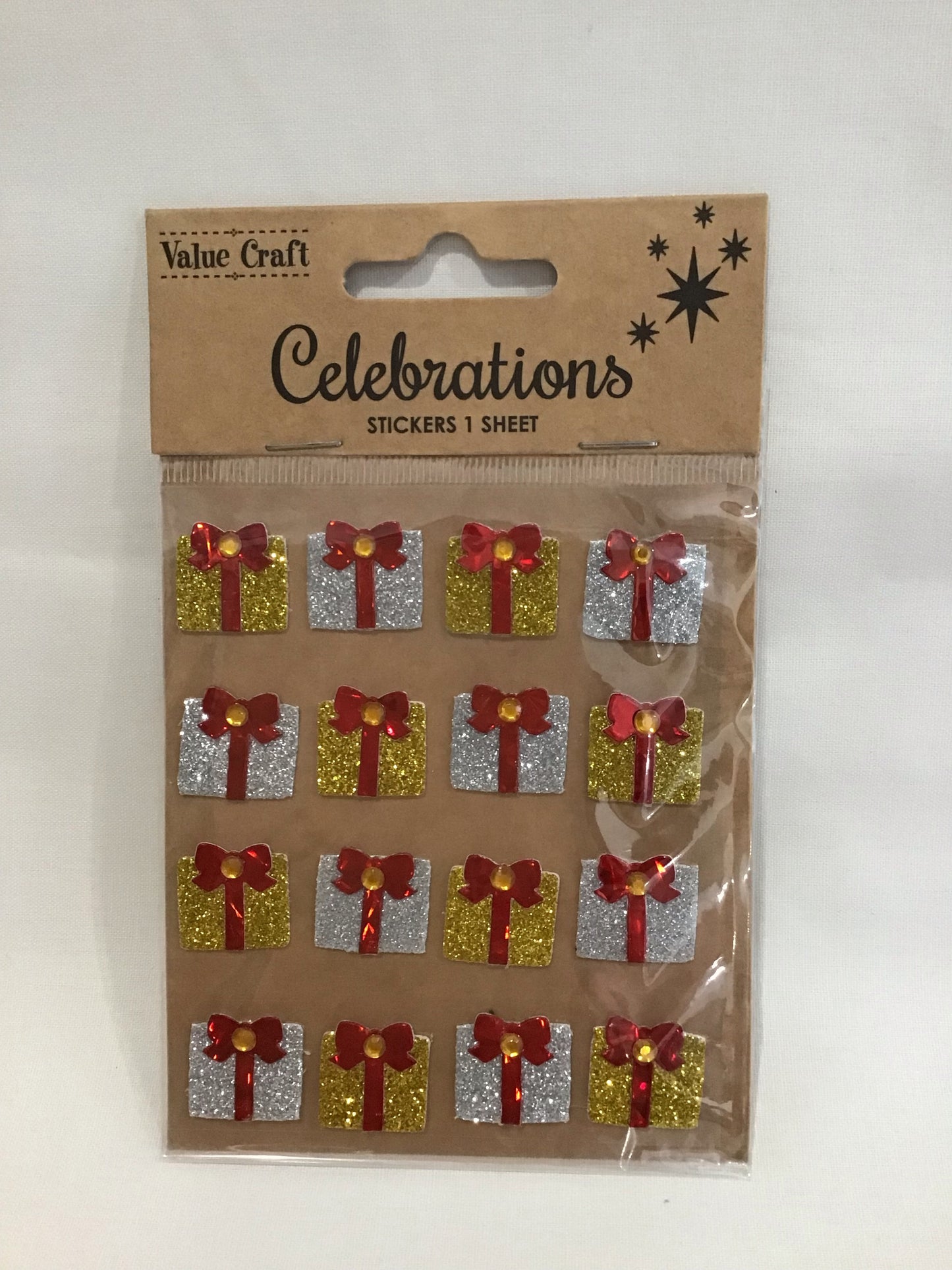 Christmas Glitter Presents - Gold and Silver 3D Stickers - 16 pk
