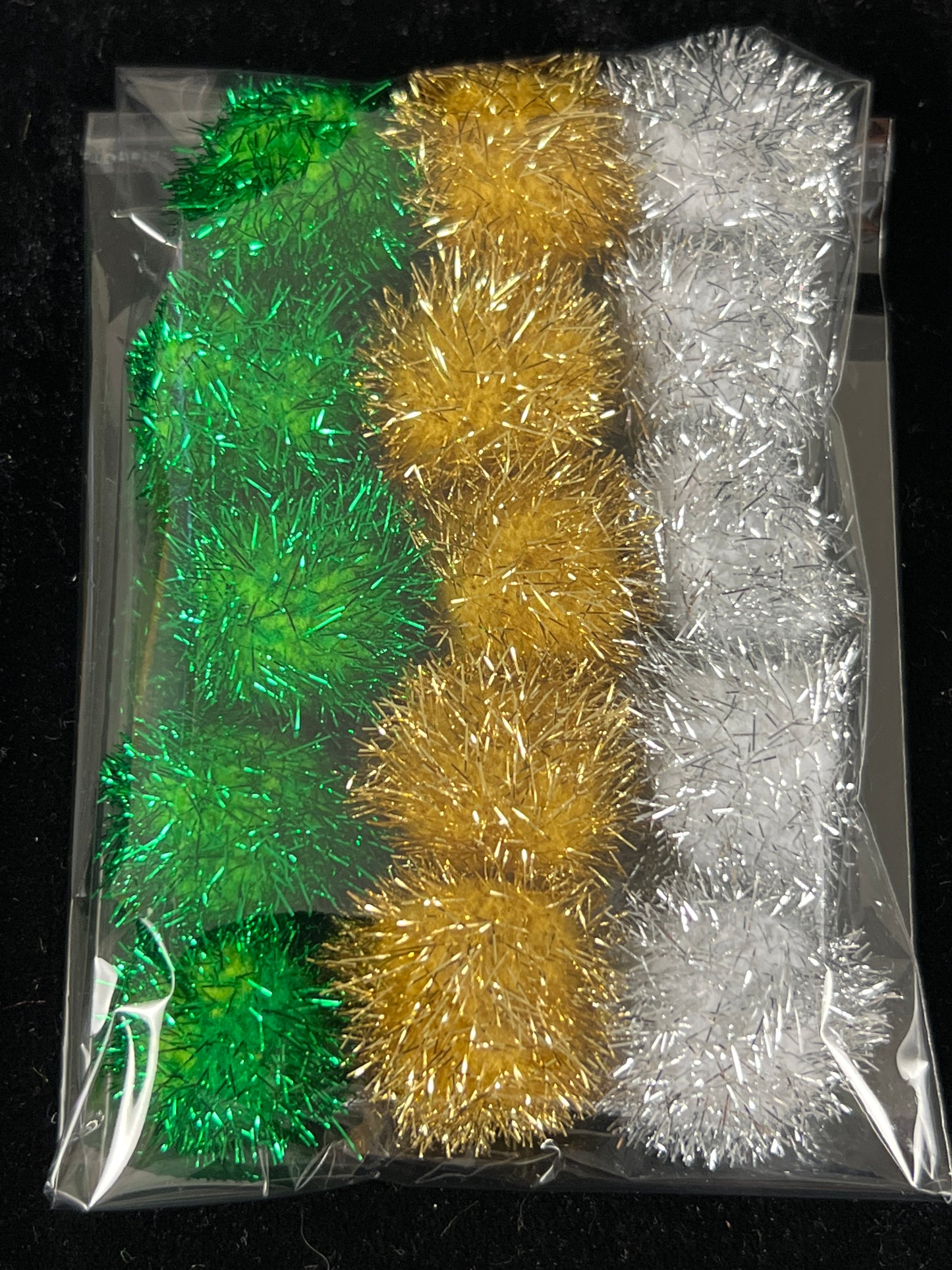 Tinsel Glitter Pom Poms - Gold/Silver/Green - Pack of 15 - Size 25mm