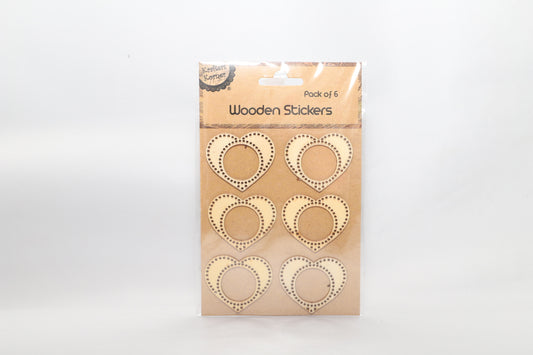 Wooden Stickers - Hearts with Dotted Edge - Pack of 6