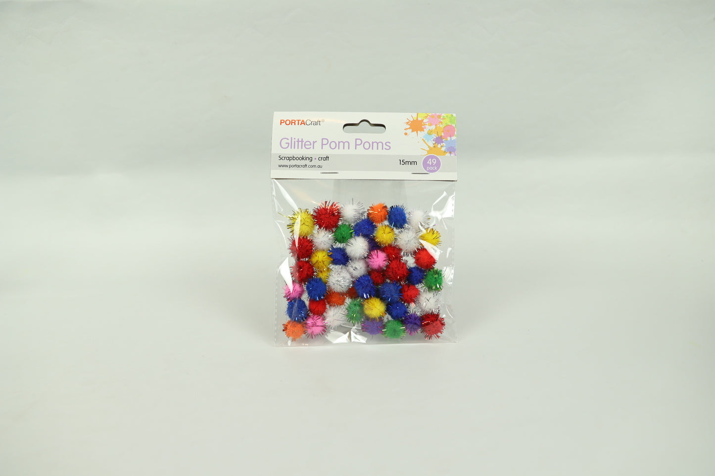 Glitter Pom Poms - Assorted Colours - Pack of 49 - 15mm