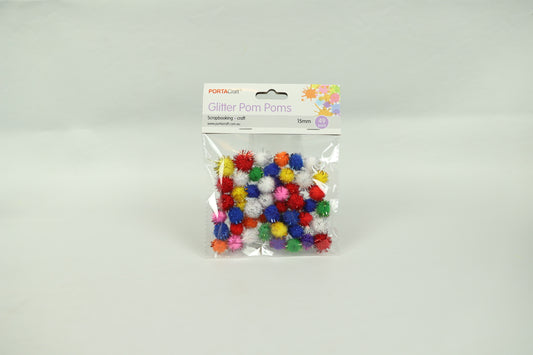 Glitter Pom Poms - Assorted Colours - Pack of 49 - 15mm