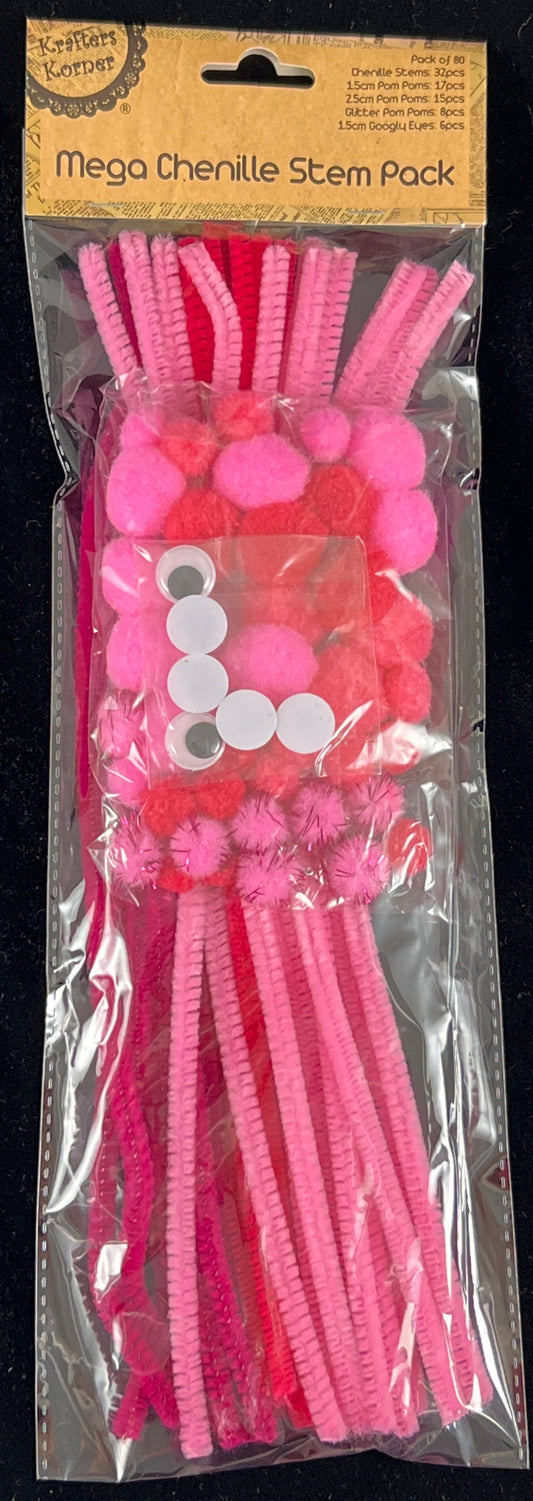 Mega Pipe Cleaners Pack Chenille Stem- Hot Pink/Pink/Red - Pack of 80